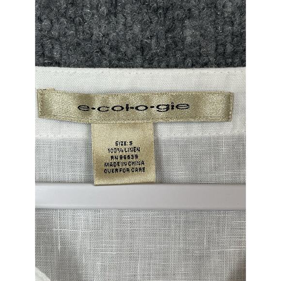 e-coi-o-gie Linen Top Women's Sz Small White w Brown, Gold, and White Embroider - Picture 2 of 9